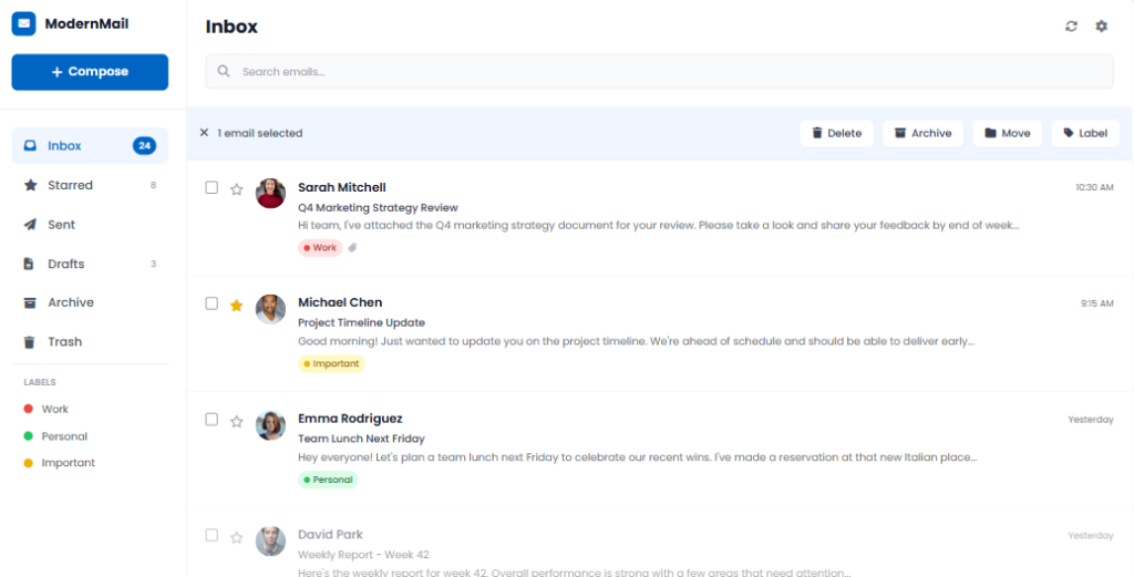 Email inbox interface where action buttons like Delete and Archive appear only after an email is selected, demonstrating contextual visibility.