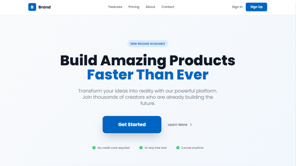 Landing page mockup with a large bold “Get Started” button and a smaller “Learn More” link, showing button hierarchy by size and style.