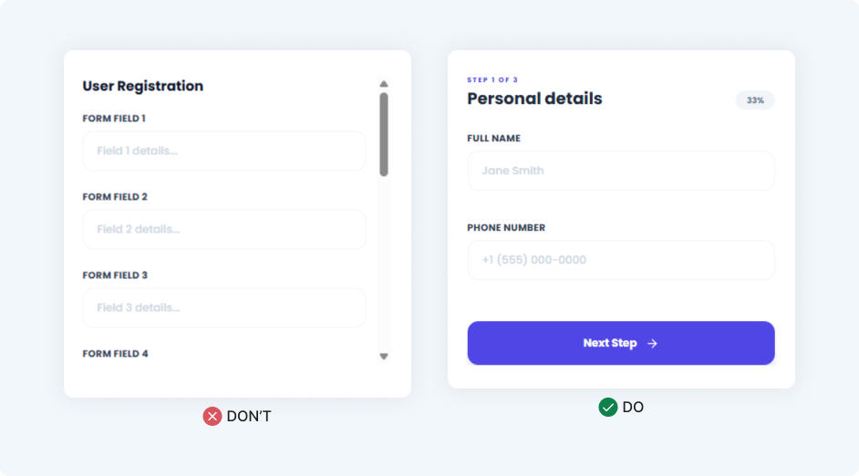 A comparison of form design layouts. The 'DON'T' side shows a long scrolling registration. The 'DO' side shows a multi-step form design with a 33% progress bar and limited fields to reduce cognitive load.