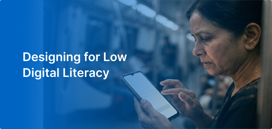 A close-up of a person hesitantly using a smartphone app, illustrating low digital literacy in UX design