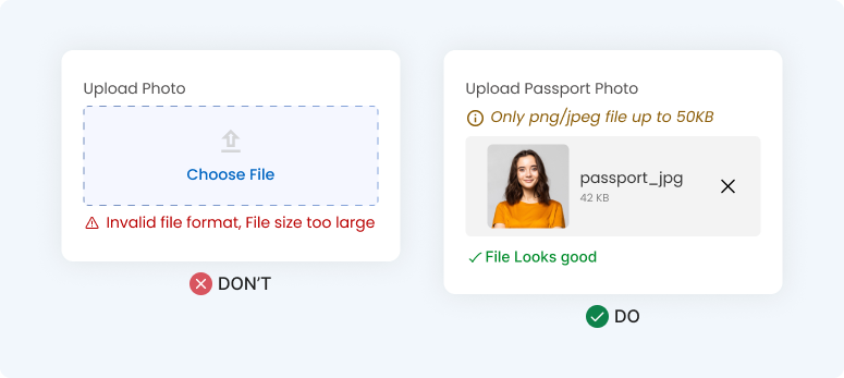 A comparison of form design for photo uploads. The 'DON'T' side shows a failed upload with a red error message. The 'DO' side shows an accessible form design with clear upload instructions ('Only png/jpeg file up to 50KB') visible before the action.